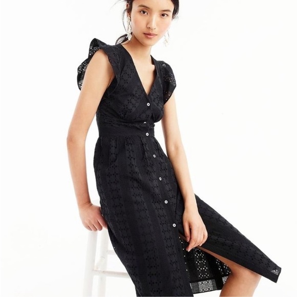 J. Crew Ruffle Sleeve Eyelet Dress Black Size 0 - Picture 5 of 14